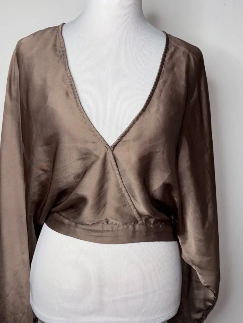 Free People Midnight Vibes Blouse Satin Cropped Ballon Sleeve V-Neck Top Small